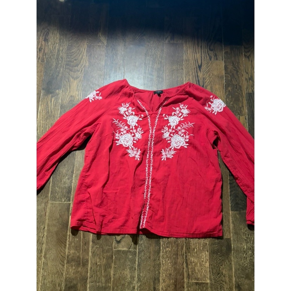 Talbots Embroidered Blouse Womens XLp Red Boho Core Western Relaxed Travel